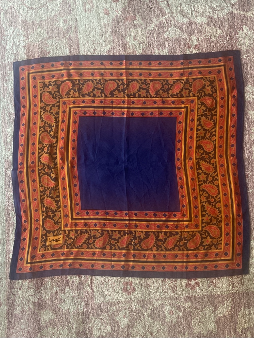 Yves Saint Laurent Paisley Border Scarf in Navy, Gold, Red